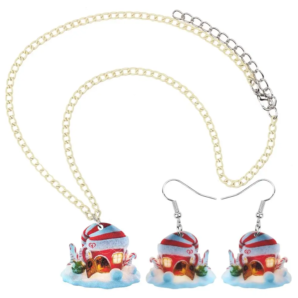 Bonsny Acrylic Christmas Anime Snow House Castle Jewelry Sets Necklace Earrings Decoration For Women Girl Teen Kids Gift | Украшения и