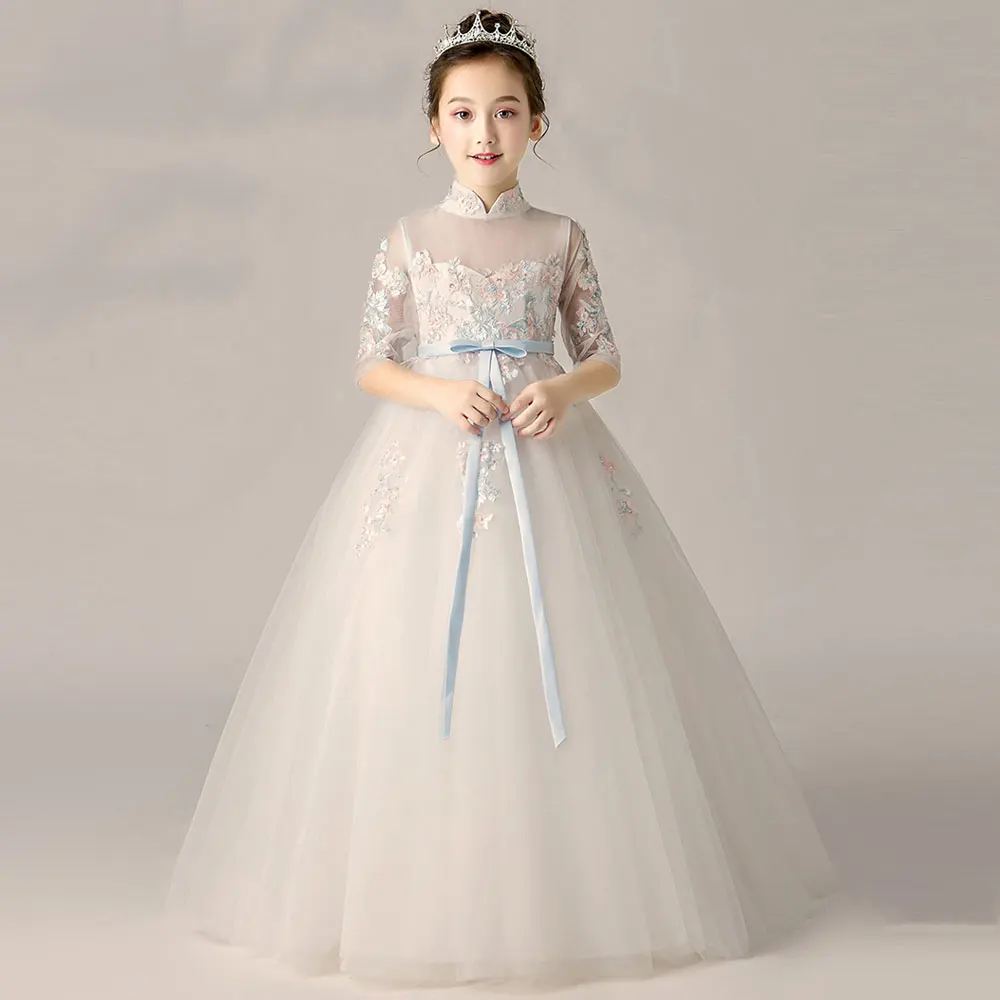 Кружевное платье с цветочным узором для девочек длинное новинка 2019 года