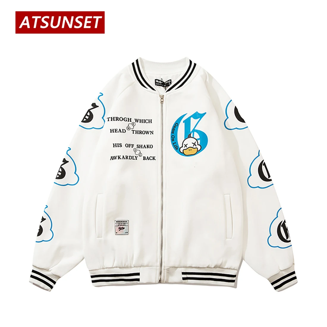 

ATSUNSET Big Duck Embroidery Hip Hop Baseball Jacket Harajuku Retro Varsity Jacket Fashion Streetwear Cotton Jacket Coat