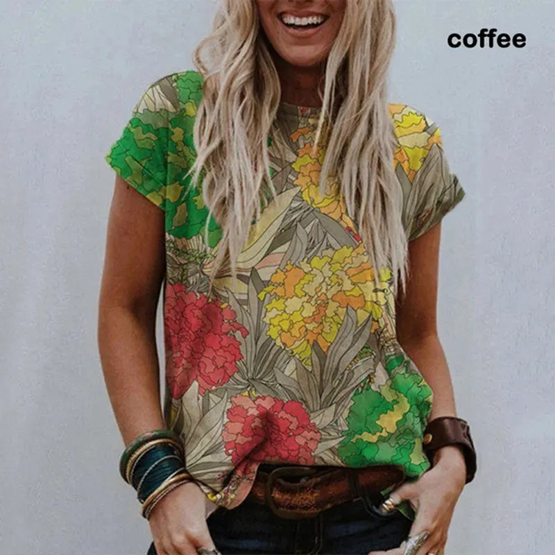 

2021 Summer Landscape Printing O-neck Tops Boho Short Sleeve Ladies Casual T-shirt Fashion Vintage Plus Size Tees