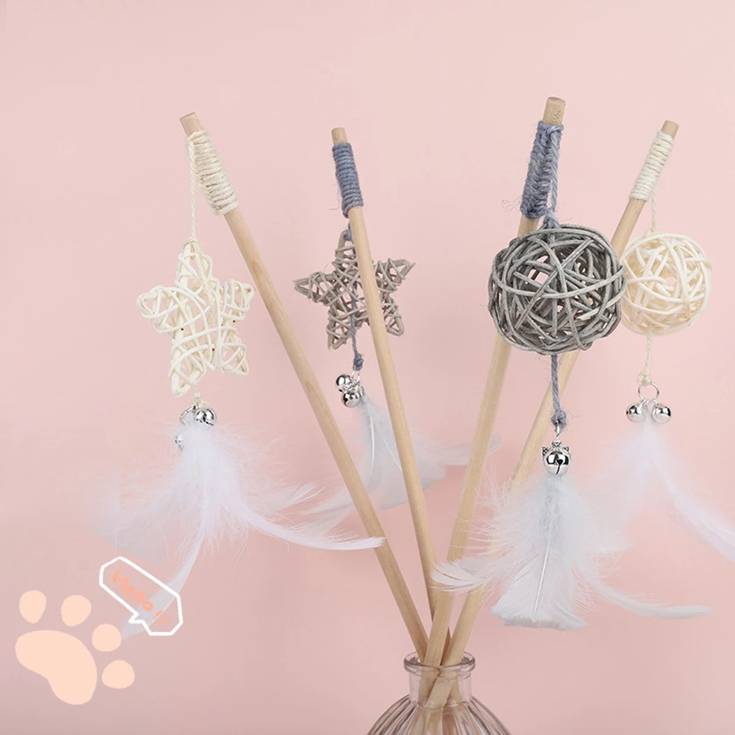 

Pet Cat Teaser Toys Feather Star Rattan Ball Cat Catcher Teaser Stick Cat Interactive Toys with Mini Bell for Cats Kitten