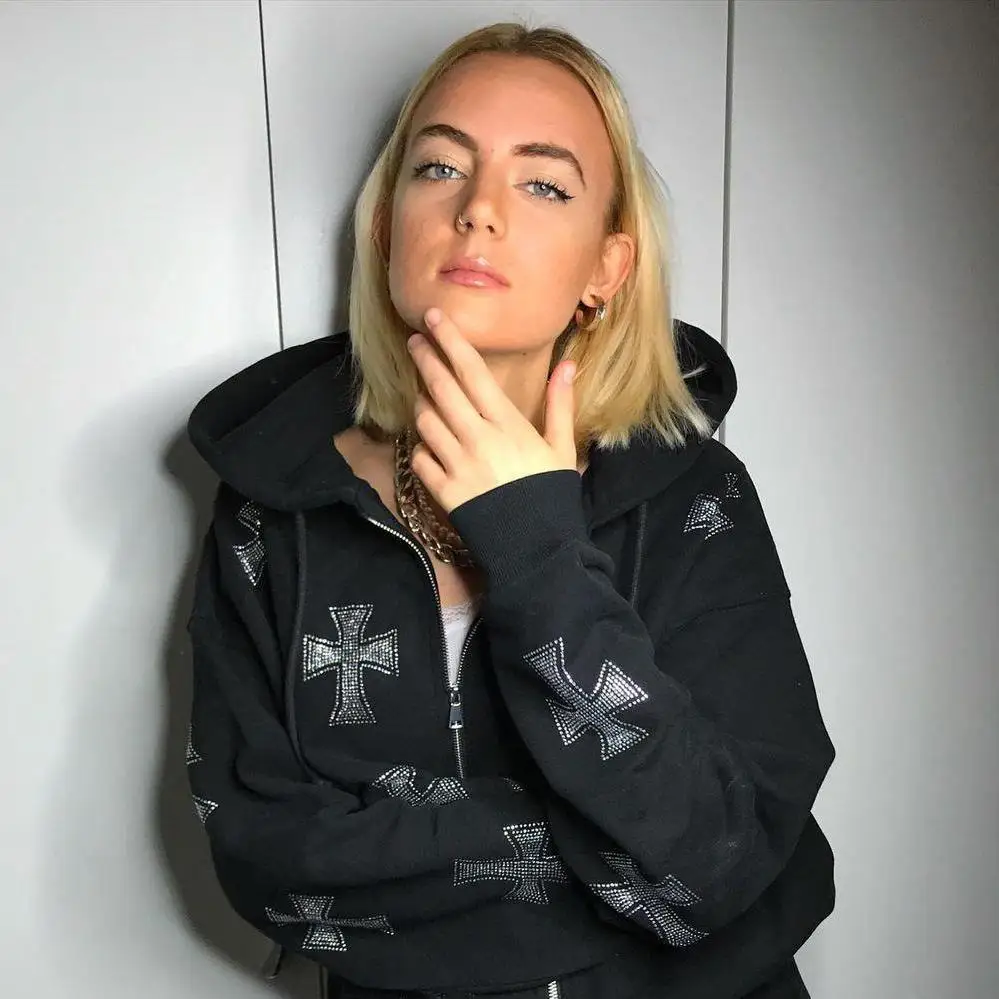 Hip Hop Hoodie Sweatshirt Korean Fashion Punk Grunge Sport Coat Rhinestone Gothic Long Sleeve Women Zip Hoodie Y2k Jacket