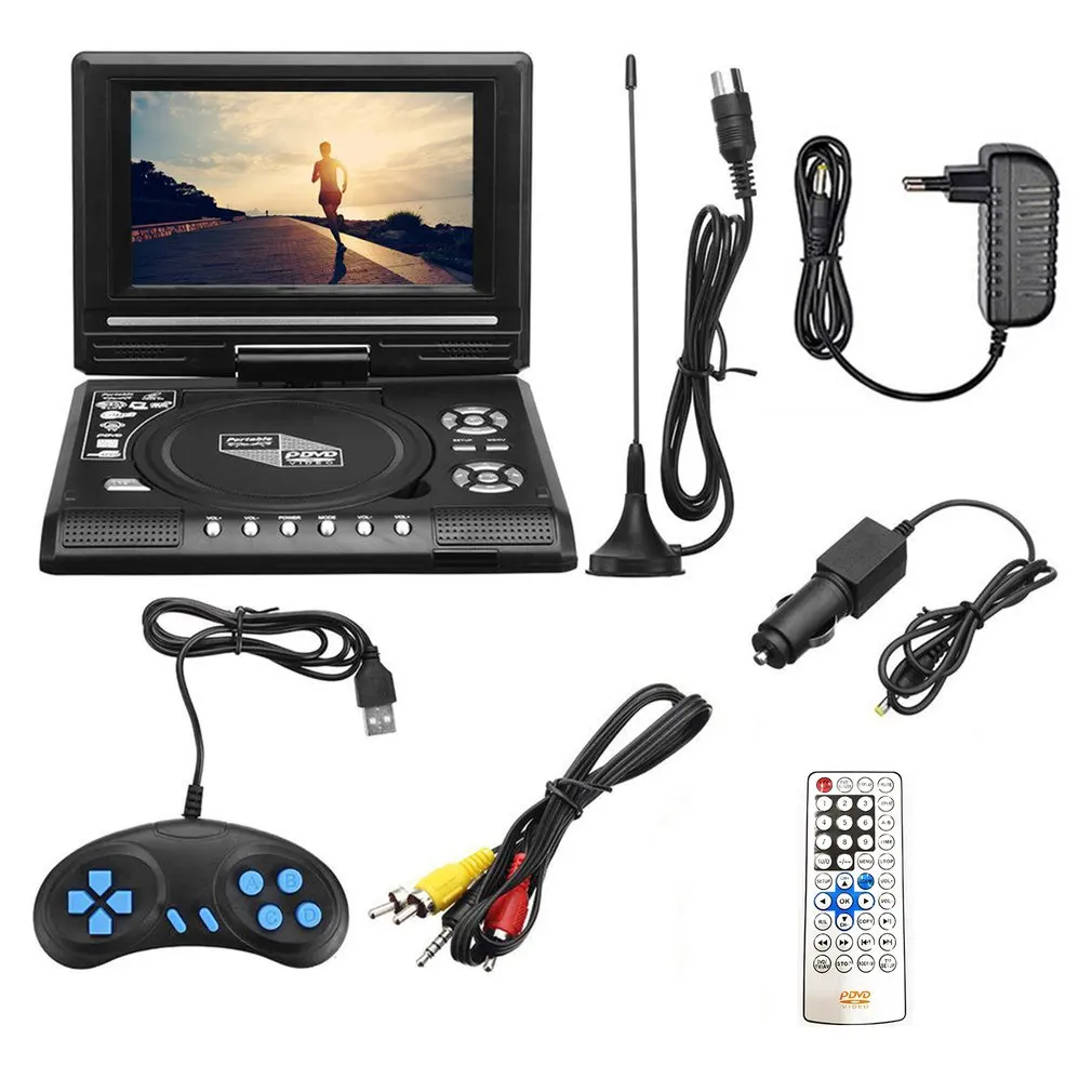 

Портативный DVD-плеер, 7,8 дюймов, HD TV, для дома и автомобиля, VCD, CD, MP3, DVD-проигрыватель, карты USB RCA, ТВ, портативный кабель, для игр, с поворотом на ...