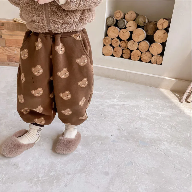 Pantalones bombachos con estampado de oso para ni&ntilde;os y ni&ntilde;as, calzas informales c&aacute;lidas de forro polar, ropa holgada de dibujos animados, novedad de invierno, 2021-4
