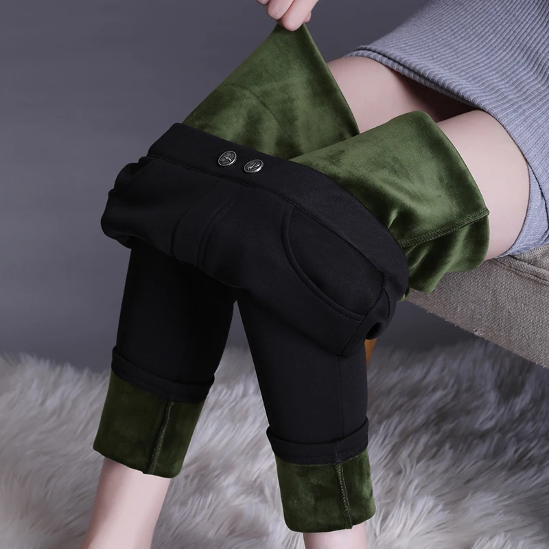 

Winter Korean Velvet Womens Pants Button Women Pencil Pants Vintage Black Female Pants Office Lady Pantalones De Mujer