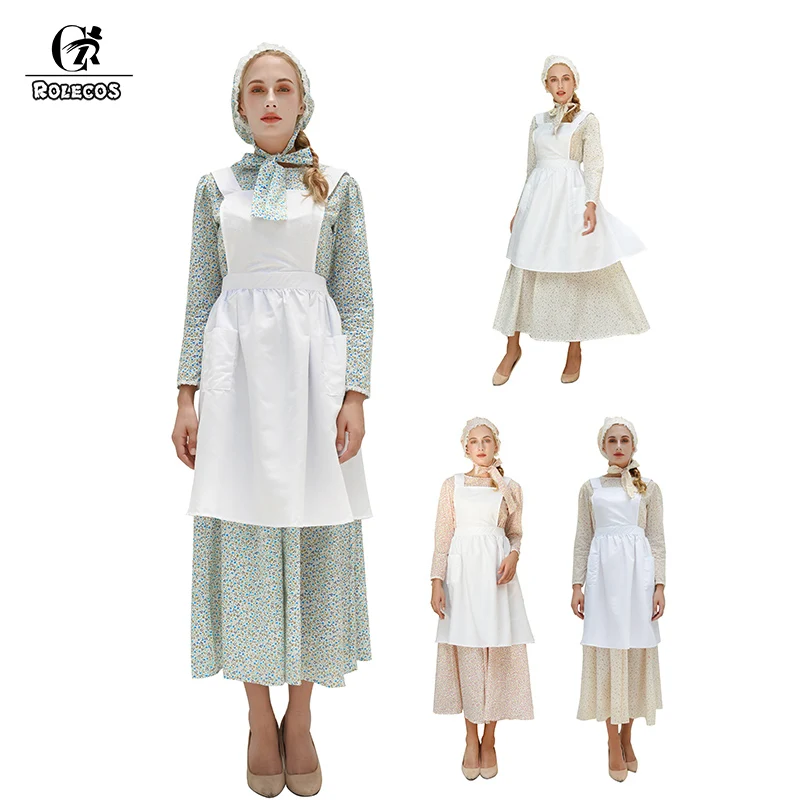 

ROLECOS Victorian Fashion Women Dress Hat Apron Cotton Long Sleeve Maid Lolita Dress Floral Print Retro Vintage Medieval Dress