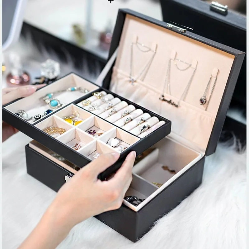 New Design Pu Leather Jewelry Box Double-Layer Wooden Case Princess Display Holder Women Gift with Lock