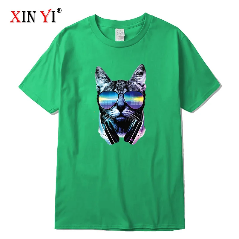 XIN YI Men's T-shirt High Quality 100% Cotton Short Sleeve T-Shirt DJ cat printing o-neck t-shirt casual hip hop for men | Мужская