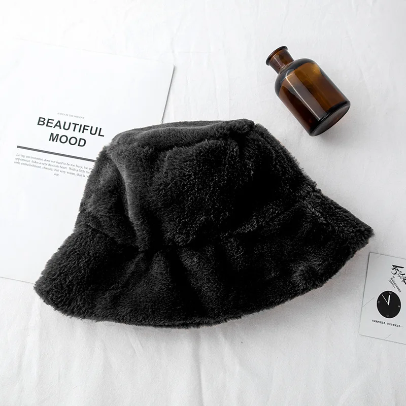 

Fashion Faux Fur Winter Bucket Hat For Women Girl Solid Thickened Soft Warm Fishing Cap Outdoor Vacation Hat Cap Lady
