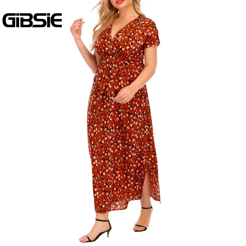 GIBSIE верхняя часть шеи поясом принт Разделение длинное платье для женщин летние