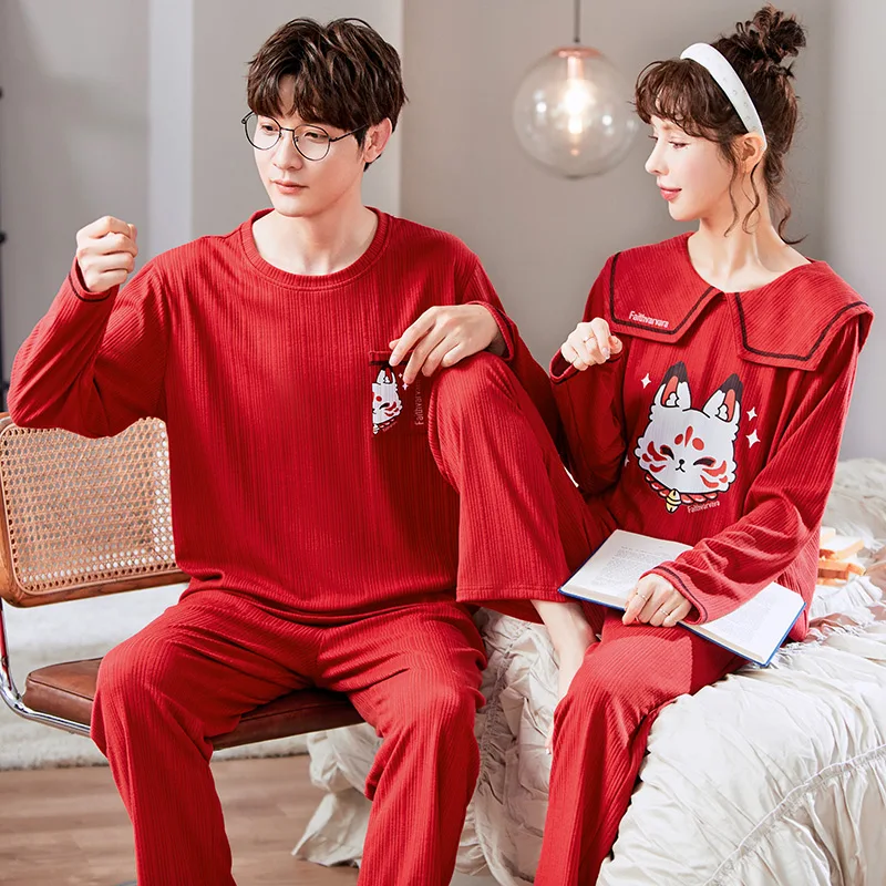 Новые осенне-зимние хлопковые Пижамные комплекты для пар с длинным рукавом в