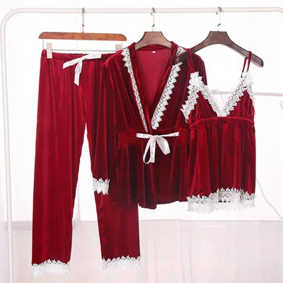 wine red set Fiklyc Нижнее белье женские зимние Бархатные Комплект из трех предметов; купальный халат+ Топы+ штаны, пижамные комплекты Женская сексуальная одежда для сна, пижамный комплект для детей, Лидер продаж - Цвет: wine red set