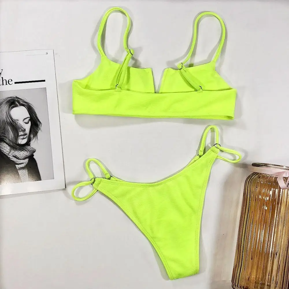 

Irisapparels New Bikini 2020 Solid Color Pit Strip Swimsuit Ladies Swimwear High Waisted Bathing Suits Two Piece Set