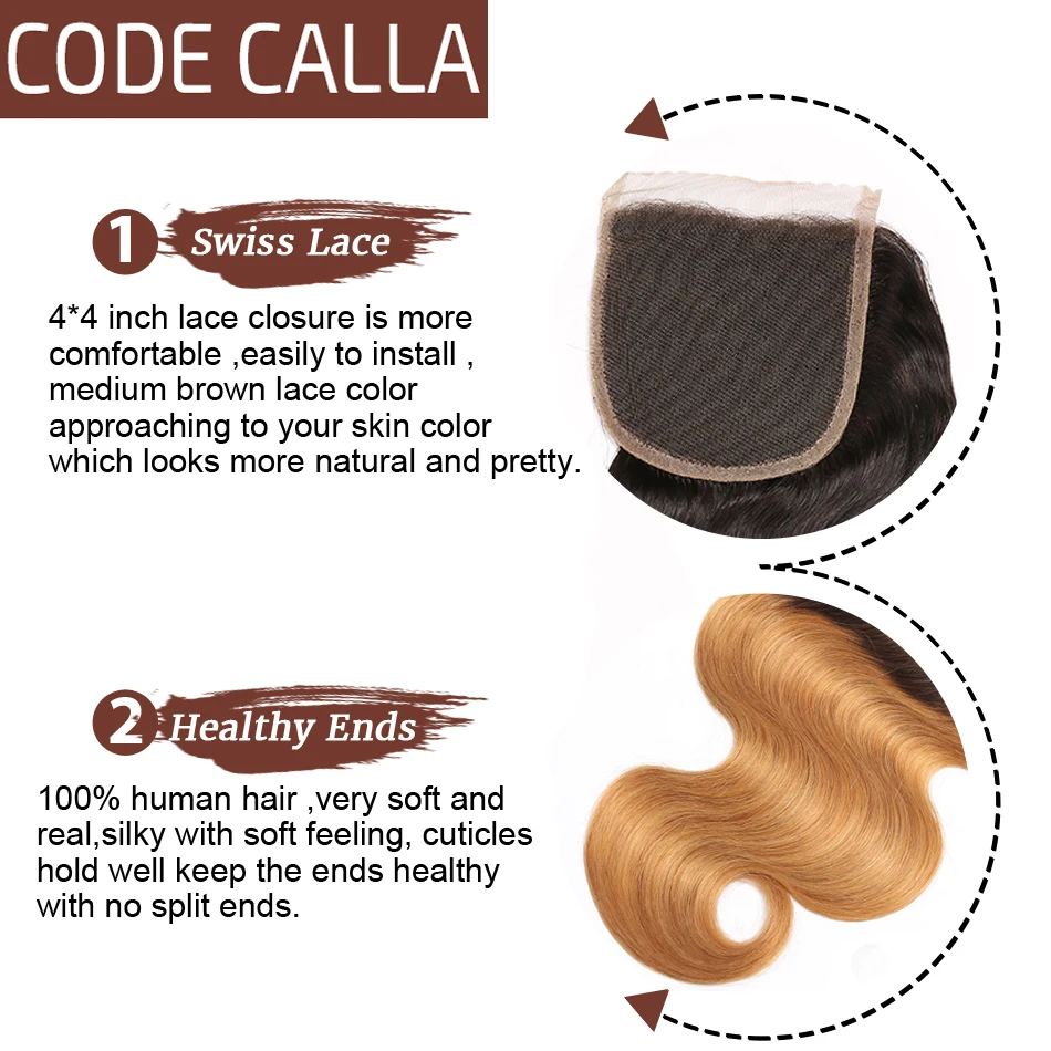 Код Calla Ombre цвет тела волна Связки с 4*4 Кружева Закрытие Необработанные бразильские необработанные девственные человеческие волосы Weft расширение