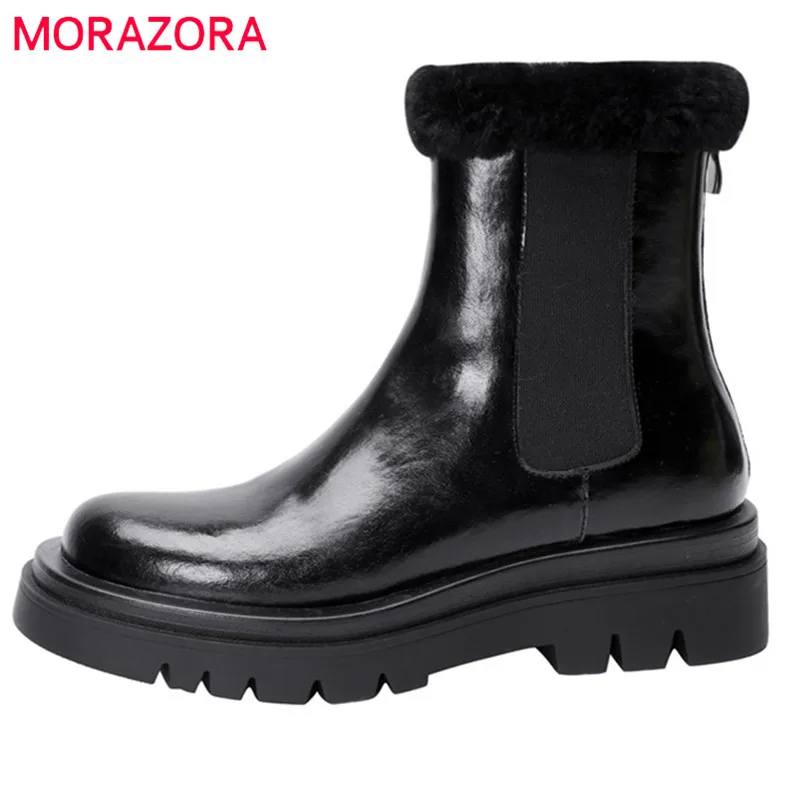 

MORAZORA 2022 Winter Shoes Women Wool Snow Boots Zip Comfortable Warm Flat Shoes Genuine Leather Boots Women Ankle Boots Black