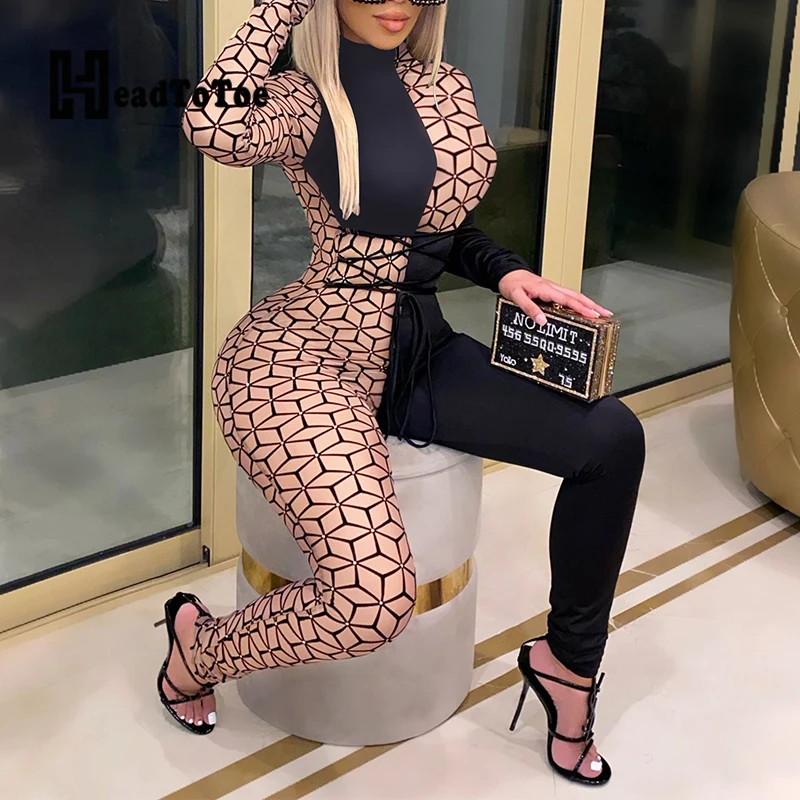 

Colorblock Patchwork Lace Up Sexy Club Romper Woman Full Sleeve Round Neck Skinny Slim Jumpsuit Women