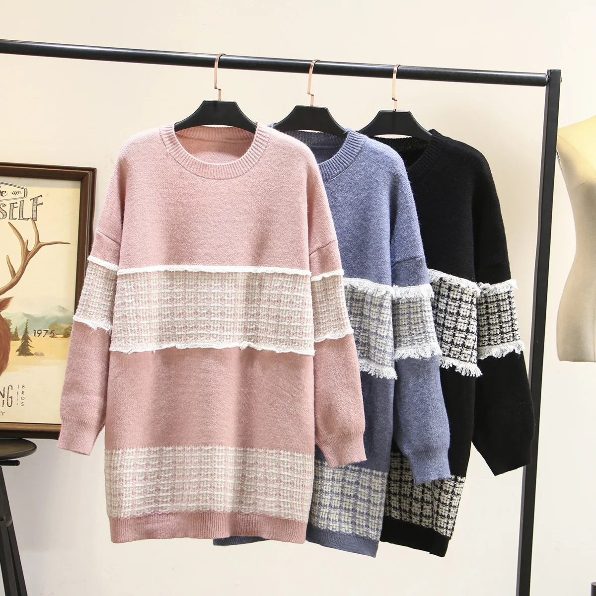 

2021 Winter Loose Plus Size Women' s Sweaters Black Pink Blue Patchwork Pullover Casual Outwear christmas sweater clothes women