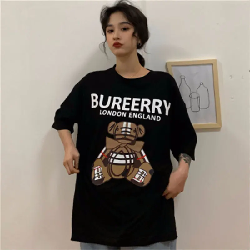 

Cartoon Cute bear Animal Printed Casual Streetwear Loose Oversize Korean Style 2021 Summer Short Sleeve Women Top Female T-shirt