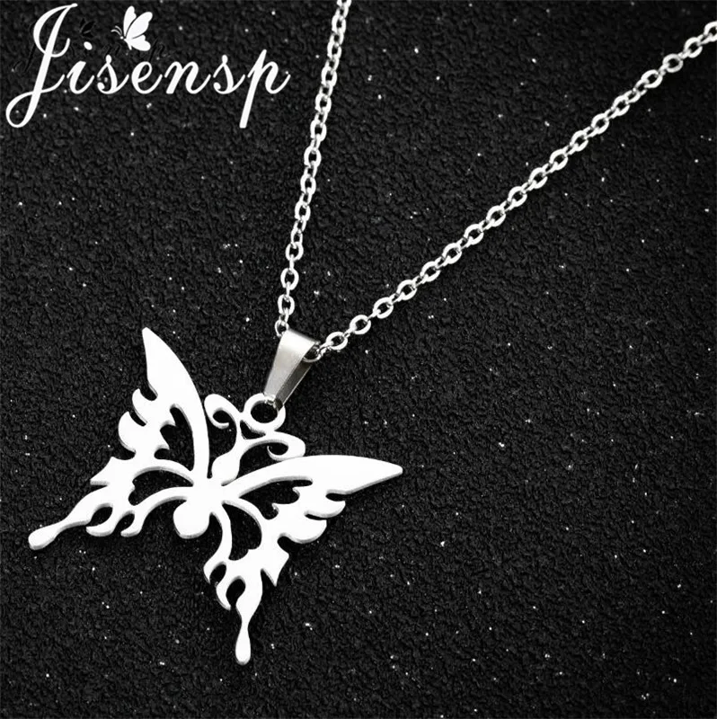 

Jisensp Trendy Fashion Stainless Steel Butterfly Pendant Necklace for Women Lover's Hollow Butterfly Engagement Jewelry Gift