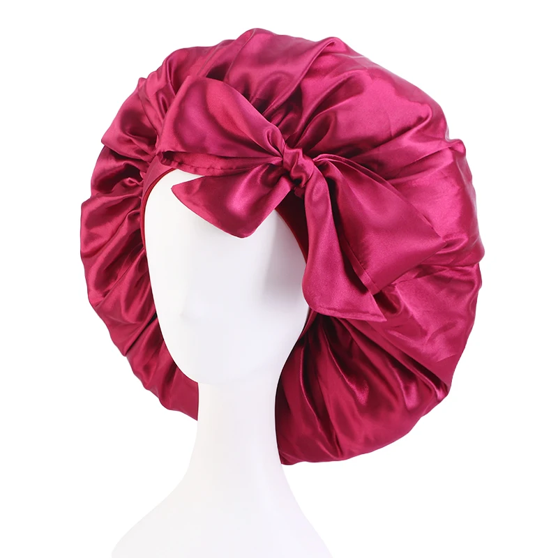 

Large size Satin Bonnet With Long Ribbon Wrap Stretch Wide-Brimmed Night Hat Women Hair Cover Night Sleep Cap Hair Styling Tools