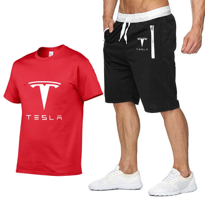

Unisex Fashion Men T-shirt tesla Car Logo Printing Summer Cotton Short sleeve Round Neck Mens T-shirt+shorts 2Pcs suit