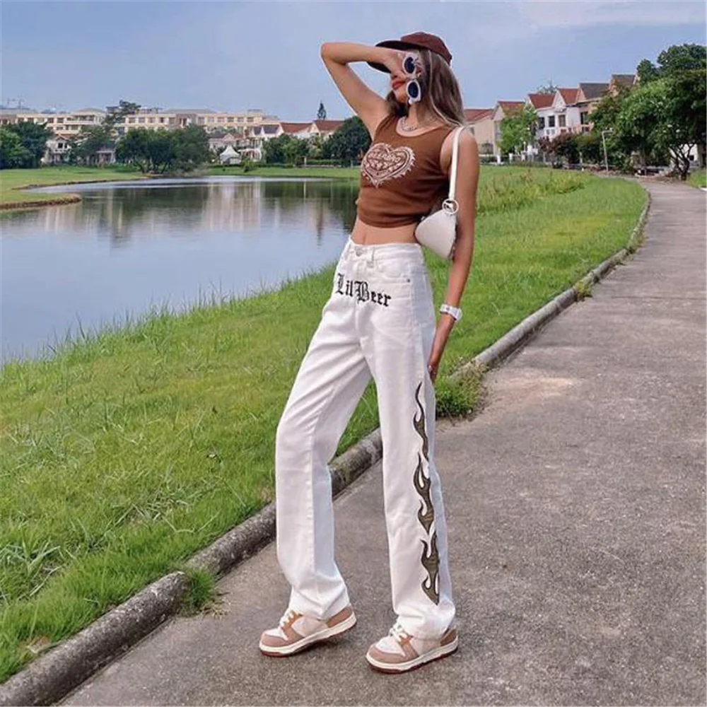 Женские прямые джинсы в стиле Харадзюку белые готические брюки из денима хип-хоп