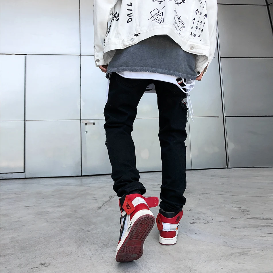 Streetwear Hip Hop Patchwork Hole Letter Print Black Skinny Jeans Men Korean Slim Straight Pencil Pants Ripped for | Мужская одежда