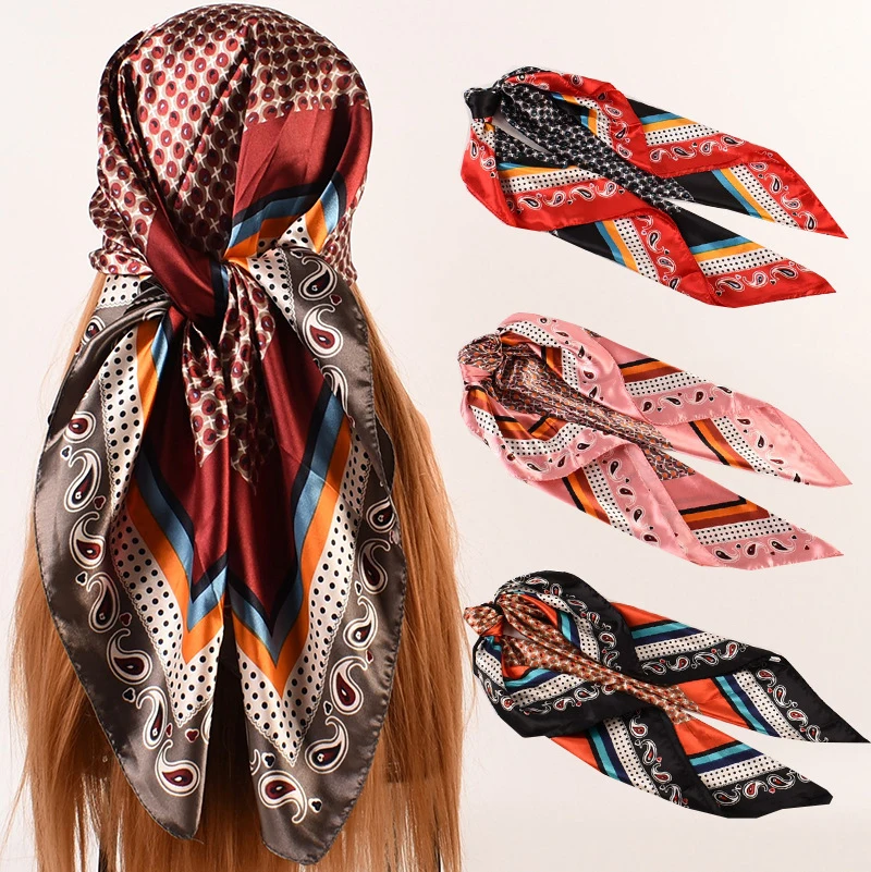 

Квадратные шелковые шарфы 90*90 см, Женский сатиновый шарф хиджаб, женские шали и шарфы для волос, парео, бандана, шейный шарф