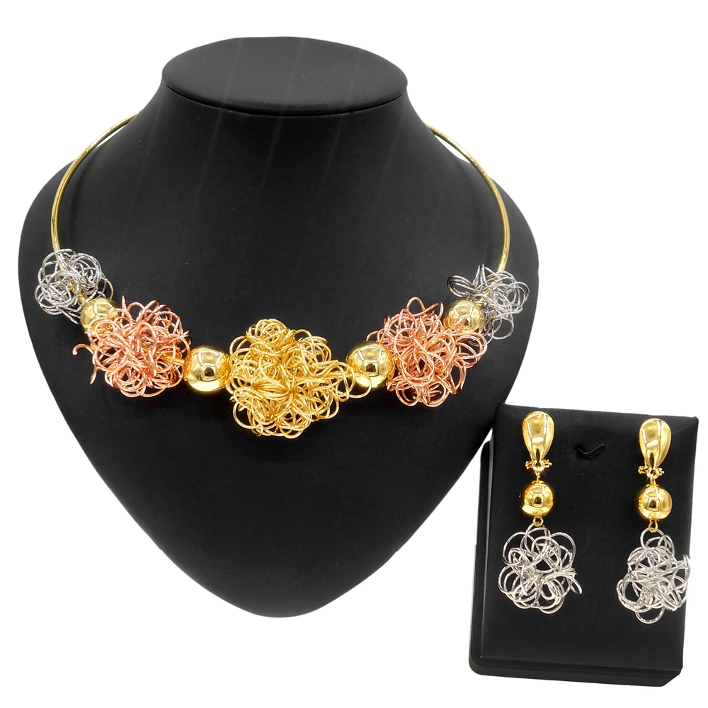 

Yulaili Trend Dubai Gold Jewelry Sets for Women Flowers Pendant Necklace Earrings Charm Bracelet Ring Bridal Party Accessories