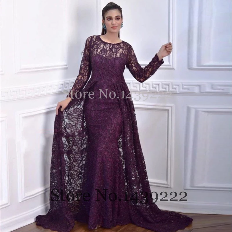 

Purple Lace Sexy Prom Long Evening Dress Scoop Detachable Train Celebrity Women Formal Dresses Robe De Soiree Evening Party Gown