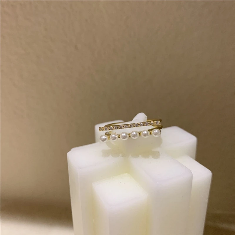 

MENGJIQIAO Korean Delicate Double Layers Cute Zircon Rings For Women Girls Elegant Pearl Beads Open Adjustable Ring Jewelry