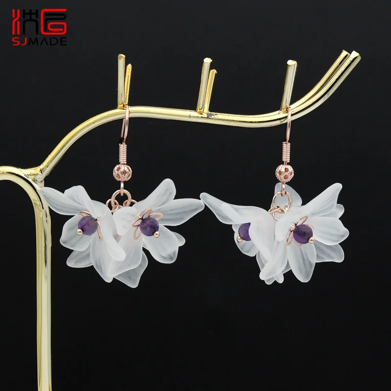 

SHENJIANG New Fashion White Acrylic Flower Dangle Earrings For Women Wedding Jewelry 585 Rose Gold Color Personality Gift