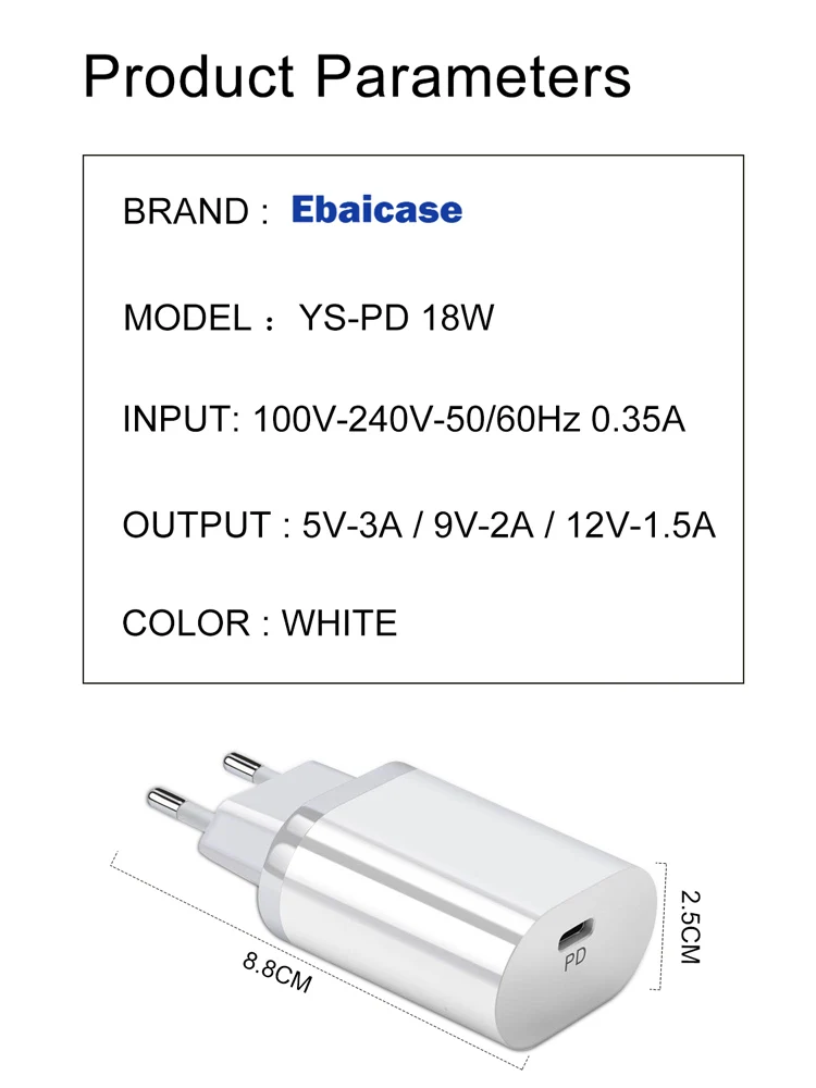 

Ebaicase Quick Charge PD 3.0 18W EU Charger USB Type-C Fast Charger Adapter For iPhone 12 11 Pro Max 12 Mini For Samsung Xiaomi