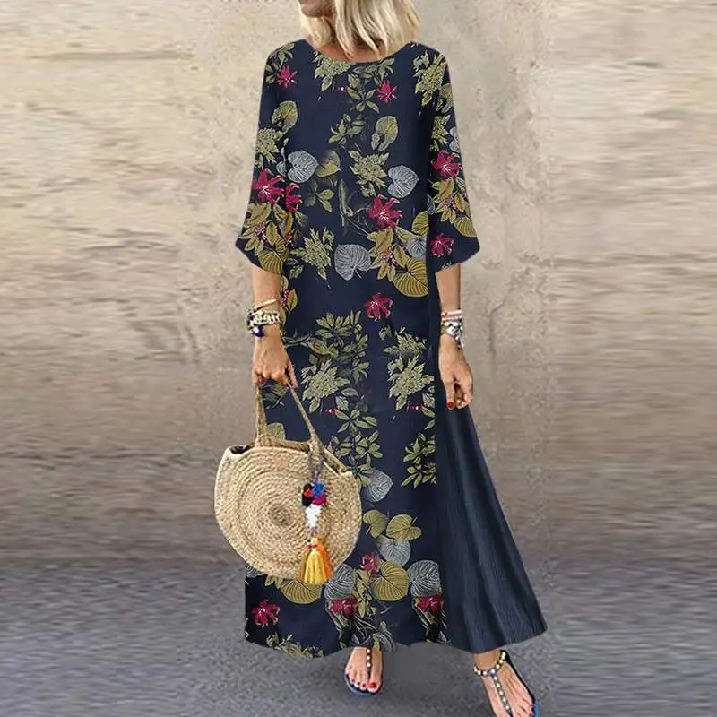 2021 ZANZEA осенне летнее длинное женское платье в винтажном стиле с цветочным