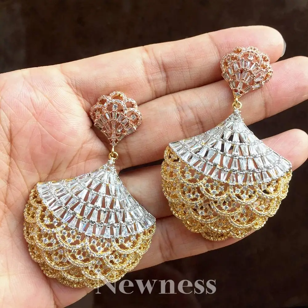 

Newness Trendy Flower Luxury Fan Shape Full Mirco Cubic Zirconia Women Earring Wedding Ceremoney Jewelry(