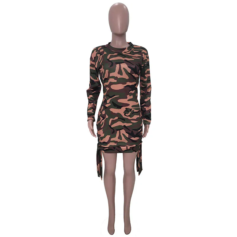 

Women 's Casual Camouflage Printed Dress Autumn Polyester Full O-neck Straight Natural Mid-calf Regular L283113