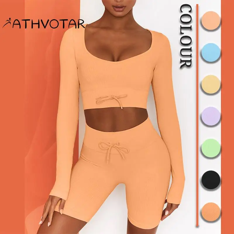 

ATHVOTAR Fitness Seamless 3 Piece Suit Women Knitted Long Sleeve Sexy Sport Top Set Outdoor Running Waist Straps Yoga Sportswear