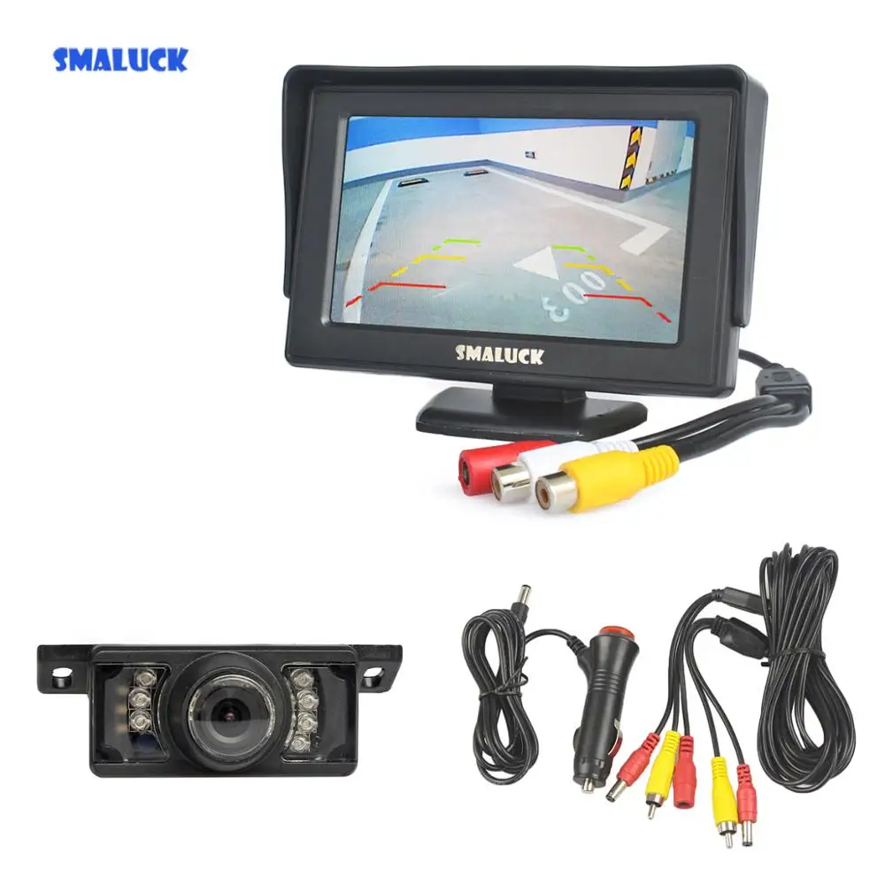 

SMALUCK Wired 4.3“ Color TFT LCD Backup Car Monitor + IR Night Vision HD Rear View Car Camera Parking Assistance System Kit
