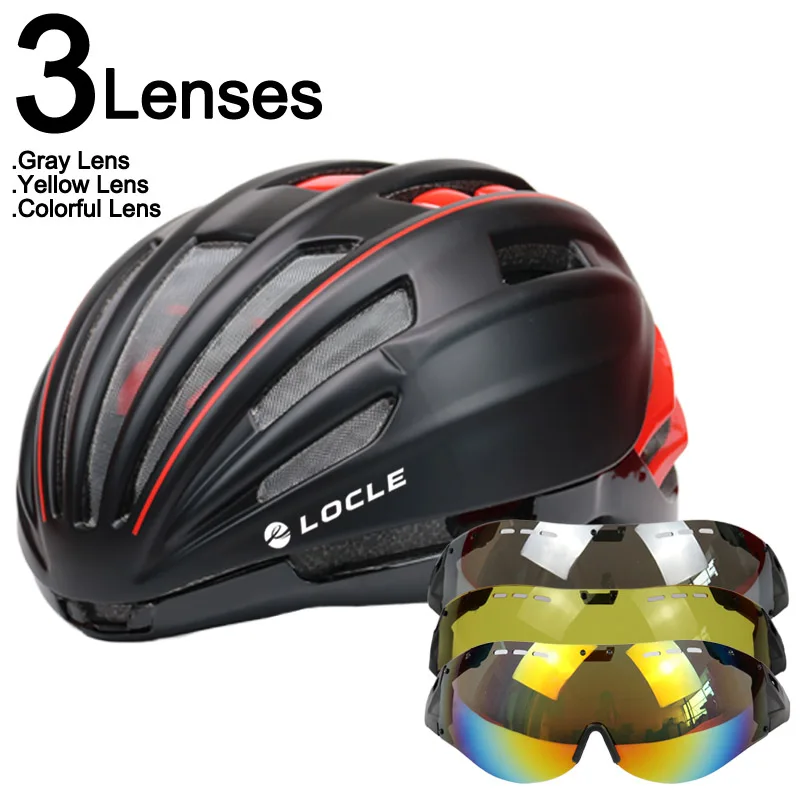 LOCLE двухслойный дорожный горный велосипедный шлем MTB с очками велосипедный шлем 280 г Casco Ciclismo велосипедный шлем - Цвет: Black Red 3 Lenses