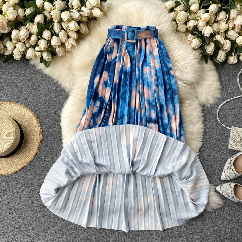 

Autumn Winter Women Dye Tie Printed Midi Pleated Skirt Female Elegant High Waist Draped Big Swing Casual Faldas Ins Fashion 2020