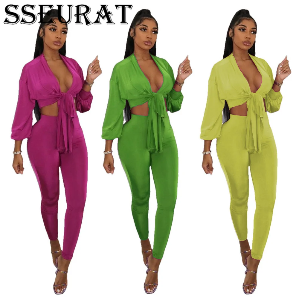 

SSEURAT Sexy Two Piece Set Outfits Elegant Crop Tops and Pencil Pants Matching Set Autumn Winter Solid Tracksuit