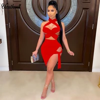 solid suit outfit sexy two piece set women off the shoulder crop top and mini skirt set tracksuit high waist hollow out clubwear