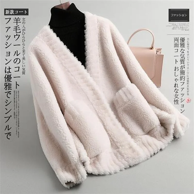 Women 2022 Winter Sheep Shearling Jacket Female Granular Real Fur Jackets Ladies Solid Color Loose Lamb Wool Outwear X785 enlarge