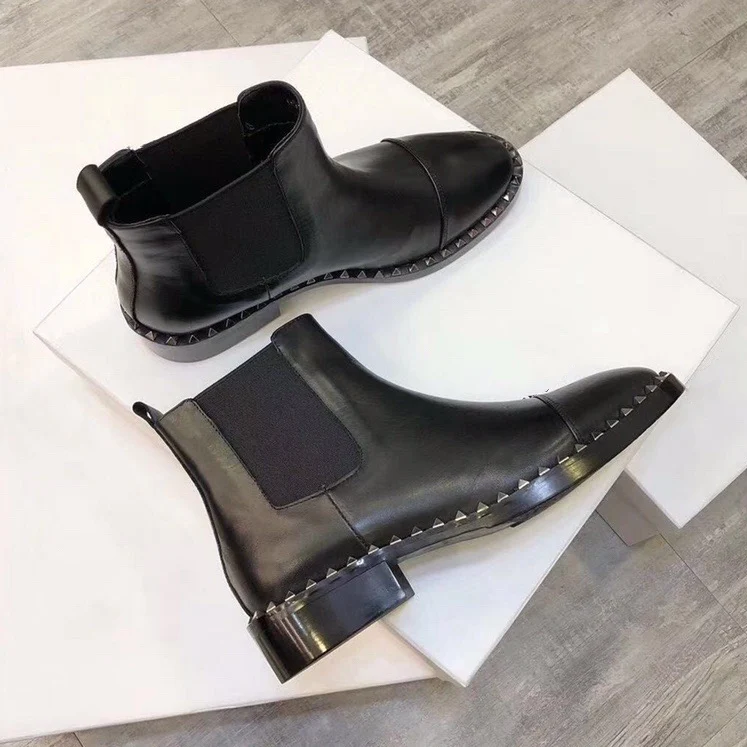 Популярные ботинки женские кожаные ботильоны Zapatos De Mujer с заклепками эластичные