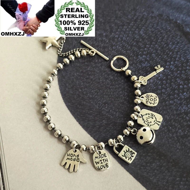 

OMHXZJ Wholesale HB27 European Fashion Woman Birthday Party Gift Vintage Smile Lock Key Hand 100% 925 Sterling Silver Bracelet