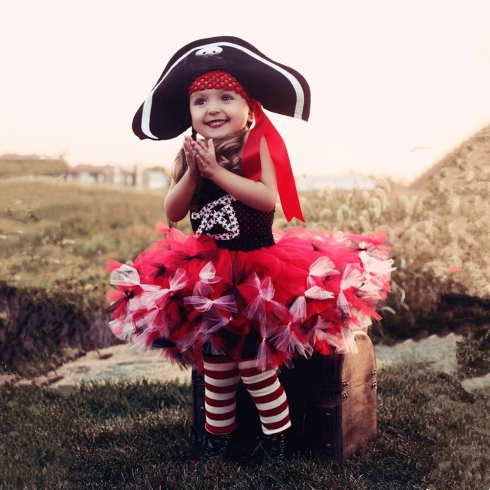 Пиратской Туту платье черный красный маскарадный костюм для девочек