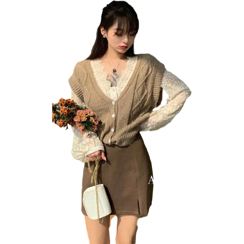 

New Overszie Women Sweater 2 Piece Sets Elegnat Knitted Suits Female Knitting Sweaters Vintage Womens Skirts High Waist Autumn