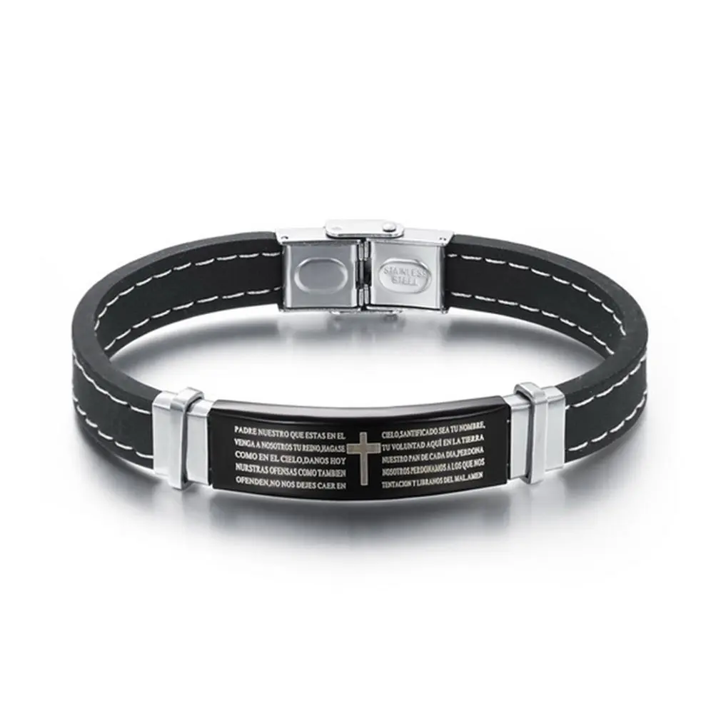 

Punk Stainless Steel Leather Bracelet The Lord's Prayer Bible Letter Cross Silicone For Men Gift
