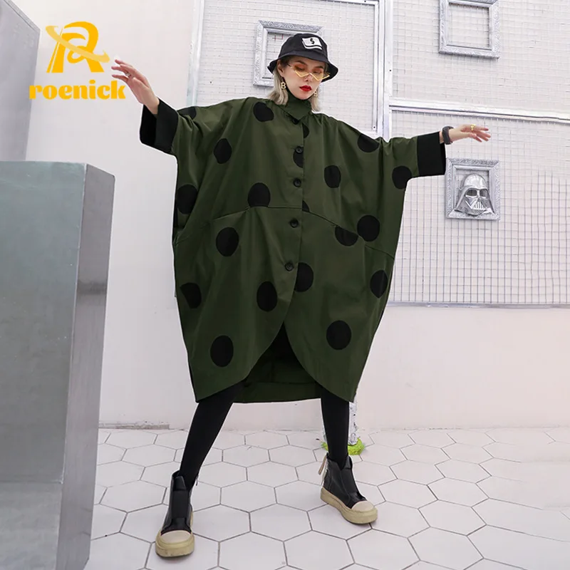 

ROENICK Women Polka Dot Trench Coat Autumn Single Breast Pocket Elegant Windbreaker Turn Down Collar Patchwork Outwear