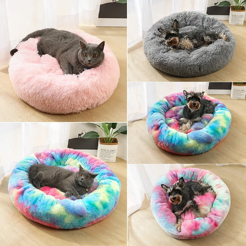 HOOPET круглые плюшевые кошки кровать Дом Мягкая длинная плюшевая кошка кровать круглая собака кровать для маленьких собак кошки гнездо зимняя теплая спальная кровать